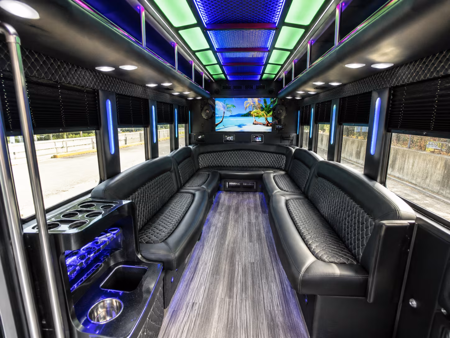 Passenger seating aboard a party bus rental serving Tyler